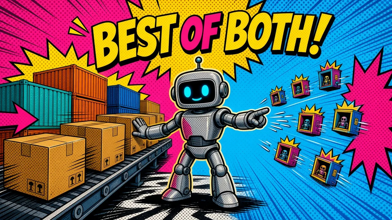 Comic panel of a robot sending big cargo boxes to shipping containers and small tasks to pop-up booths