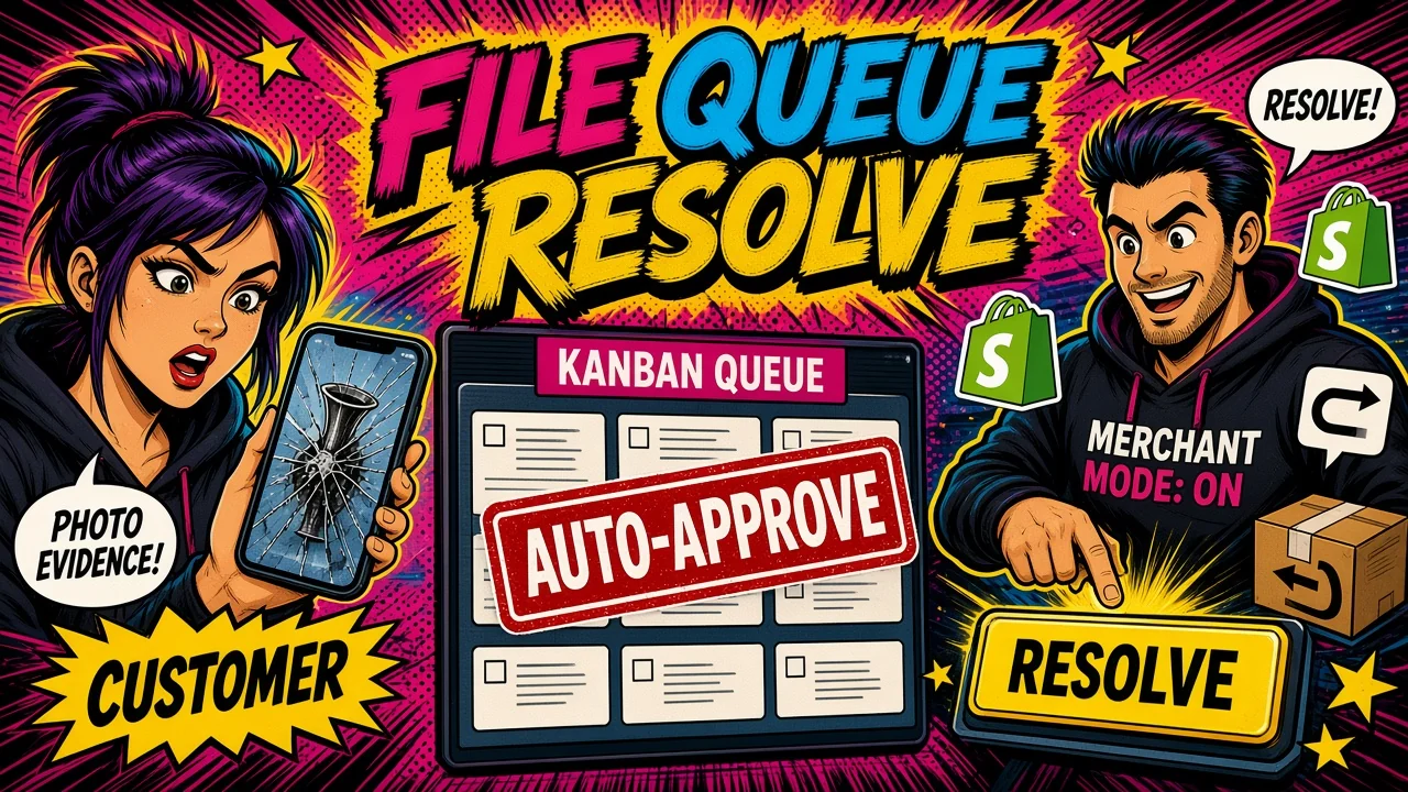 Customer files a claim with photos into a Kanban queue, then merchant resolves with refund or replace