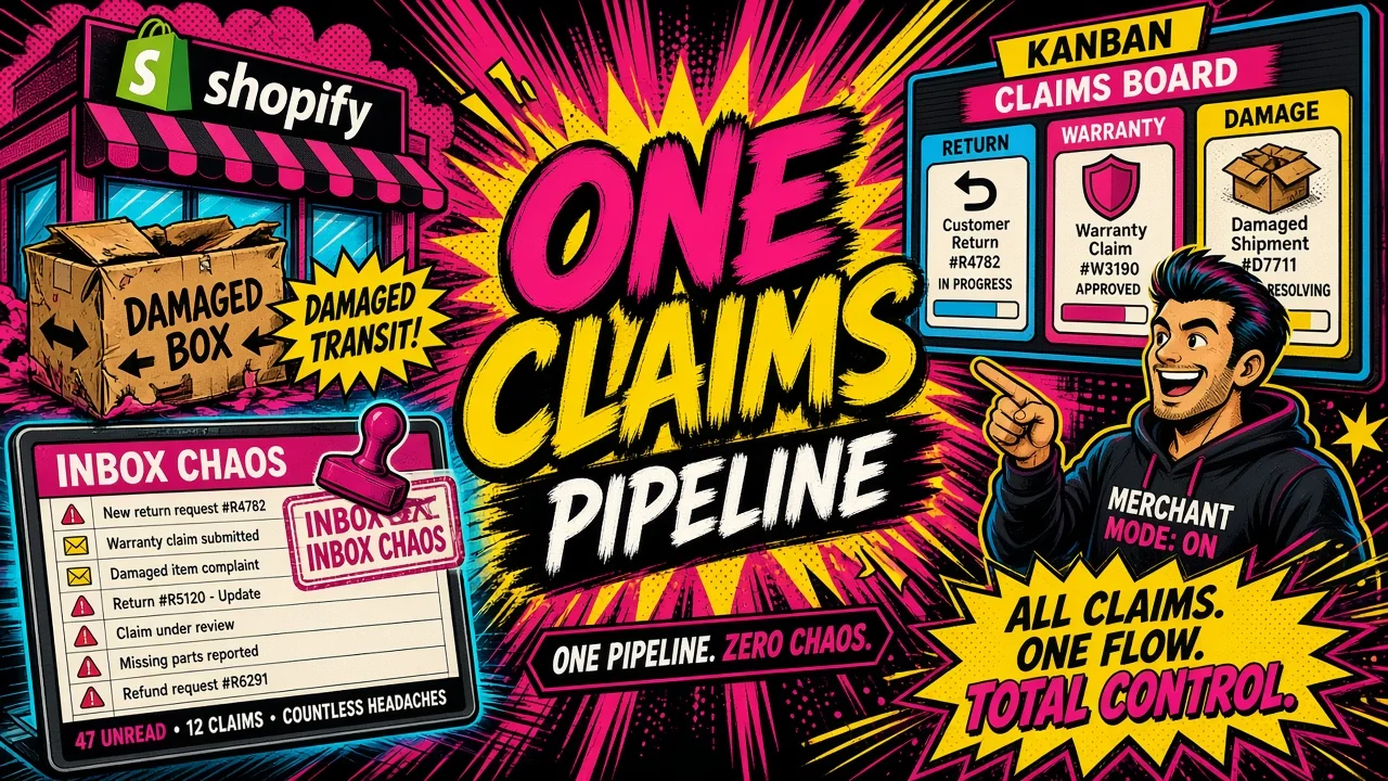 Neobrutal diagram of one Shopify claim pipeline taking returns, damage, and warranty into refund, replacement, and store credit