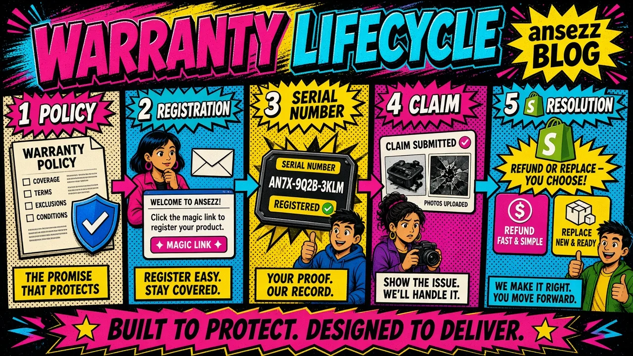 Warranty lifecycle from registration and policy through claim evidence to Shopify resolution