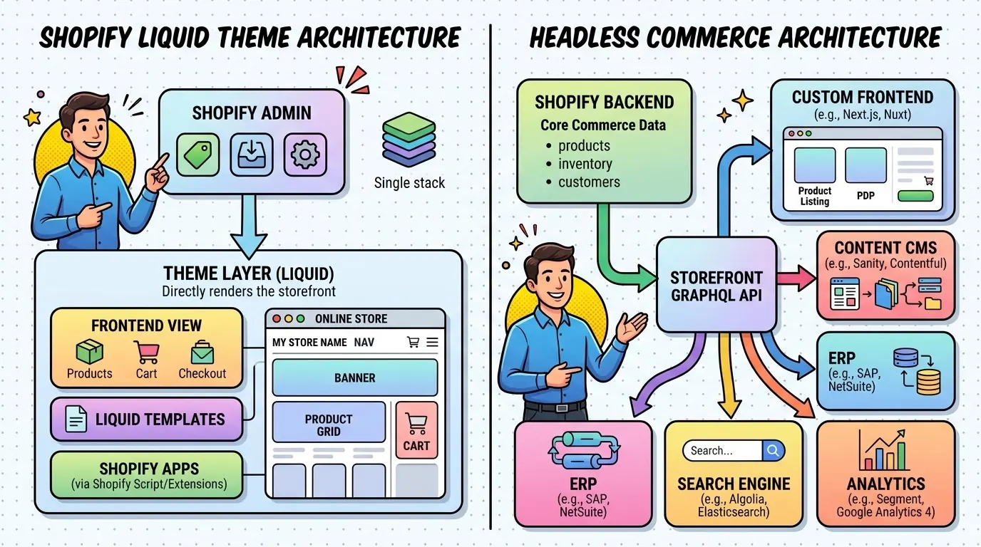 Architecture diagram of a headless Shopify stack with custom frontend and integrations