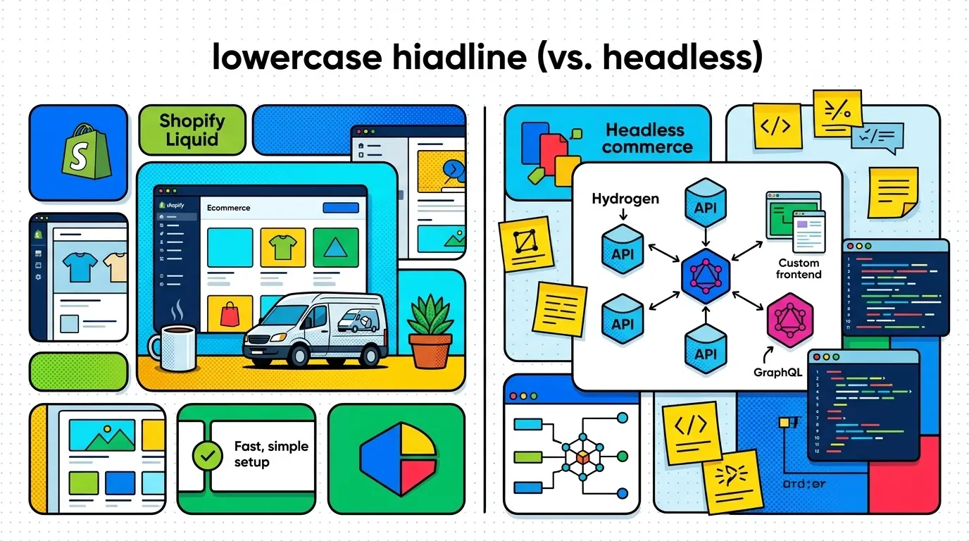Pop-art split illustration of a Liquid theme vs a headless Hydrogen storefront