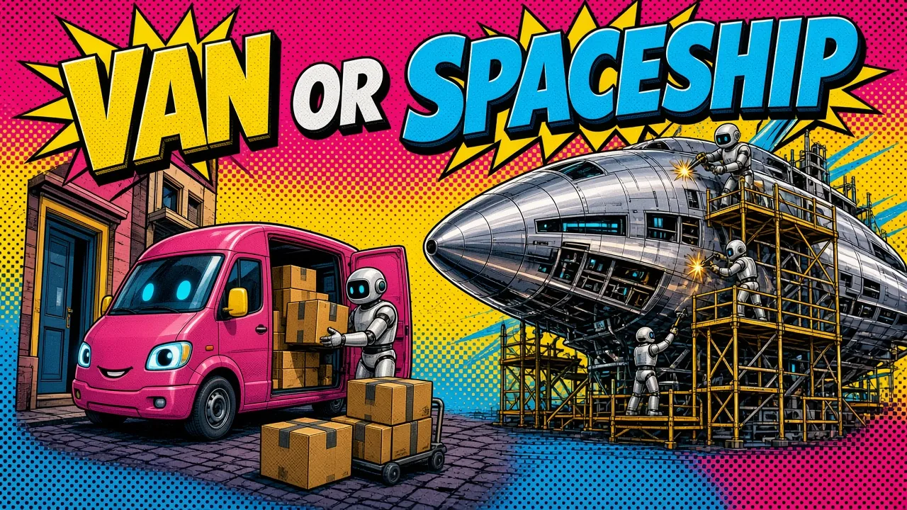 Comic panel of a robot loading boxes into a smiling pink delivery van next to a half-built silver spaceship surrounded by scaffolding and welding robots