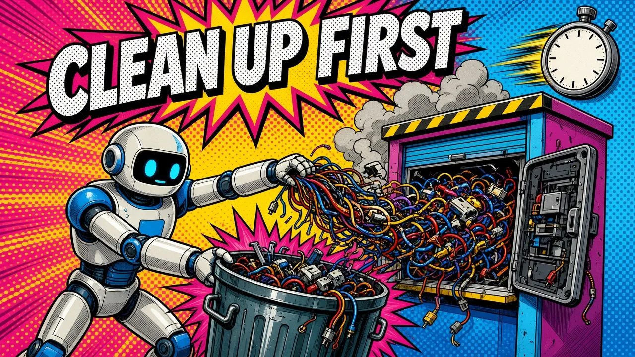 Comic panel of a robot pulling a smoking tangle of wires and plugs out of an open cabinet into a trash can while a flying stopwatch speeds by