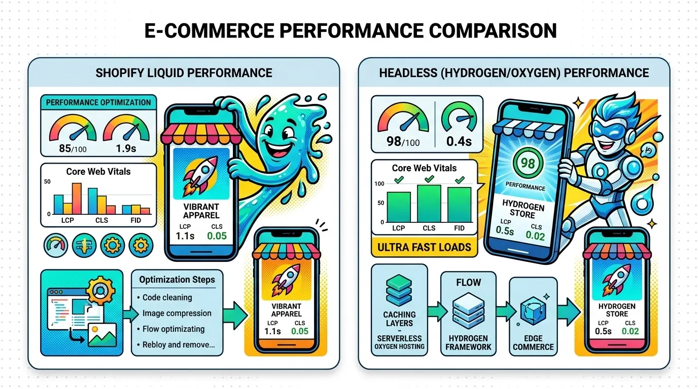 Performance metrics dashboard comparing Liquid vs headless storefront