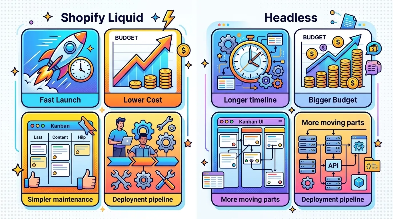 Timeline comparison illustration showing Liquid vs headless project costs