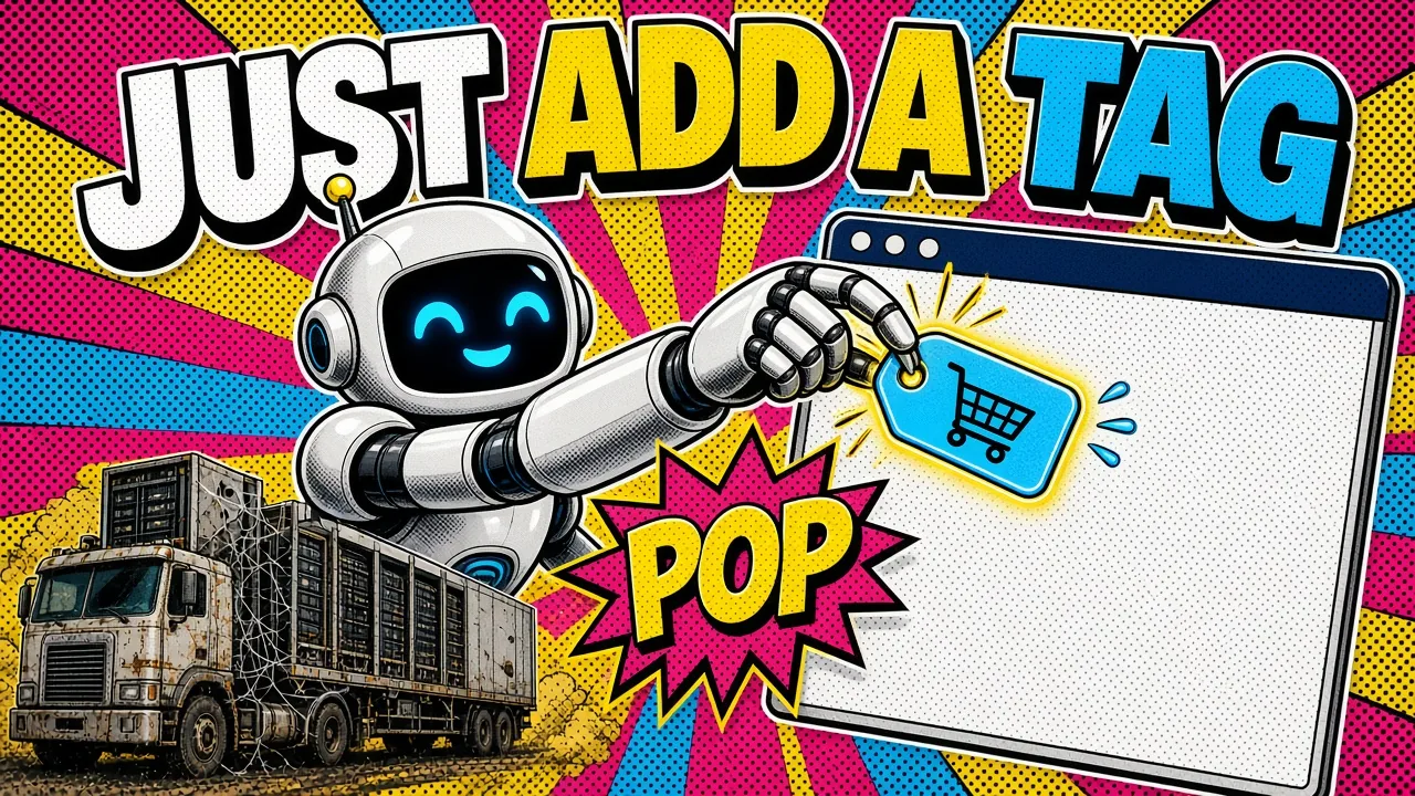 Comic panel of a smiling robot sticking a glowing cart tag onto a blank browser window with a POP burst while a rusty server truck sits abandoned behind it