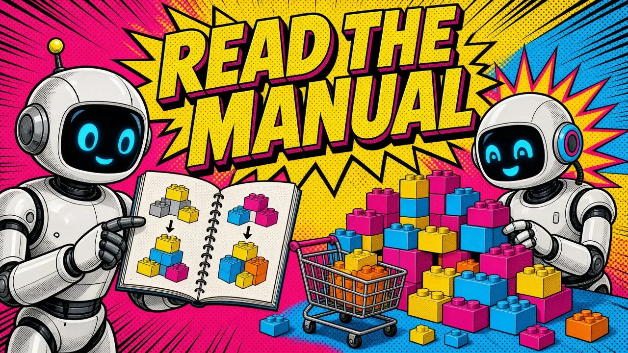 Comic panel of a robot holding open an instruction book of block diagrams while another robot builds matching colorful blocks next to a shopping cart