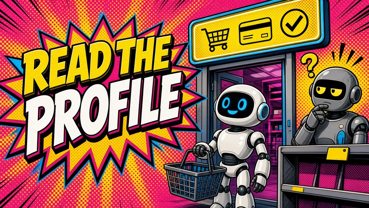 Comic panel of a white shopping robot with a basket walking through a store door under a sign showing cart, card and checkmark icons, while a confused grey robot with a question mark stands by an empty shelf