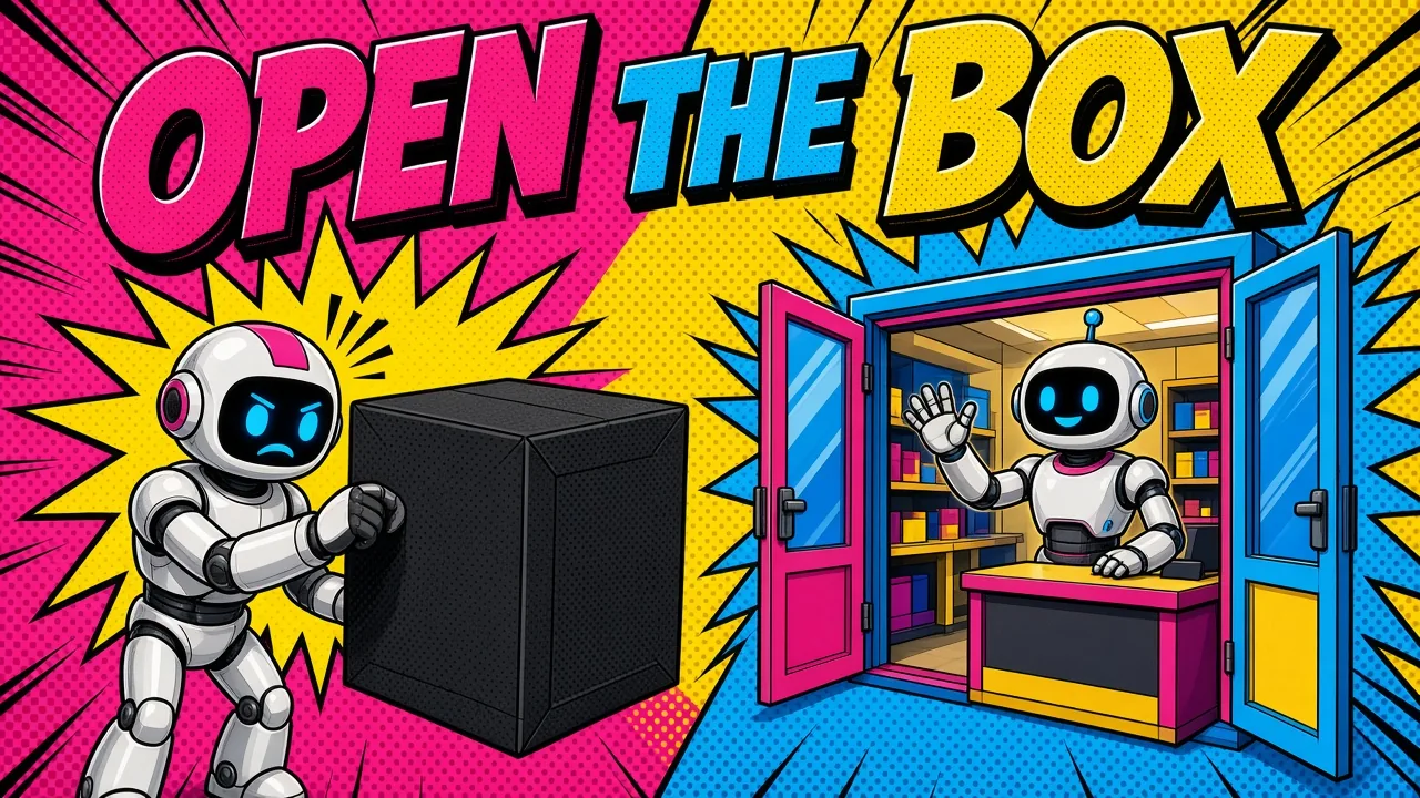 Comic panel of a frowning robot pushing against a sealed black box while a smiling cashier robot waves from the open doors of a bright shop next to it