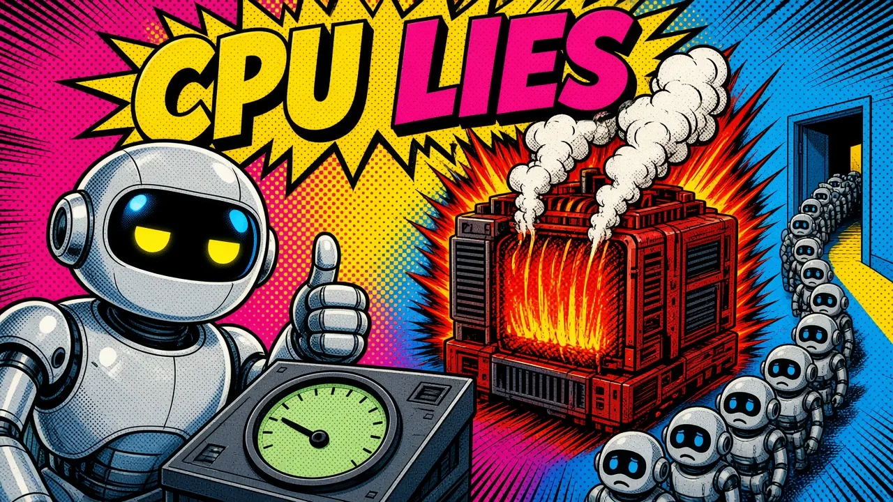 Comic panel of a robot giving a thumbs up beside a calm green gauge while a red GPU box burns and smokes behind it and a long line of small robots waits out the door