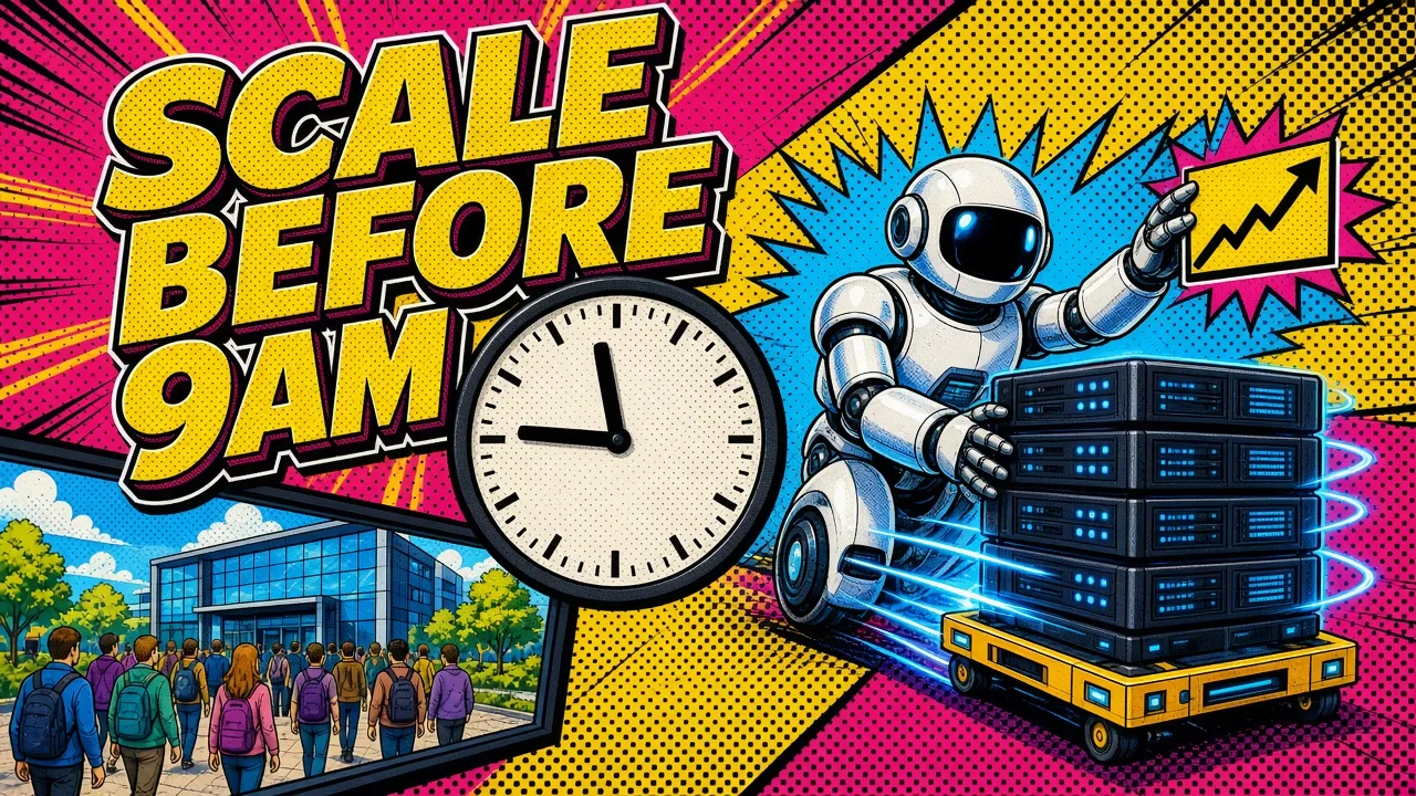 Comic panel of a robot pushing a cart of glowing server racks past a clock showing nearly 9, holding an upward chart, while a crowd of people walks toward an office building