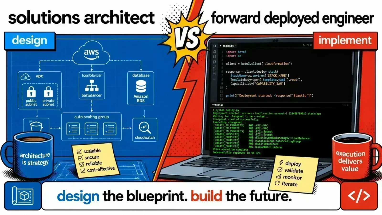 Pop-art comic-style hero contrasting a Solutions Architect and a Forward Deployed Engineer