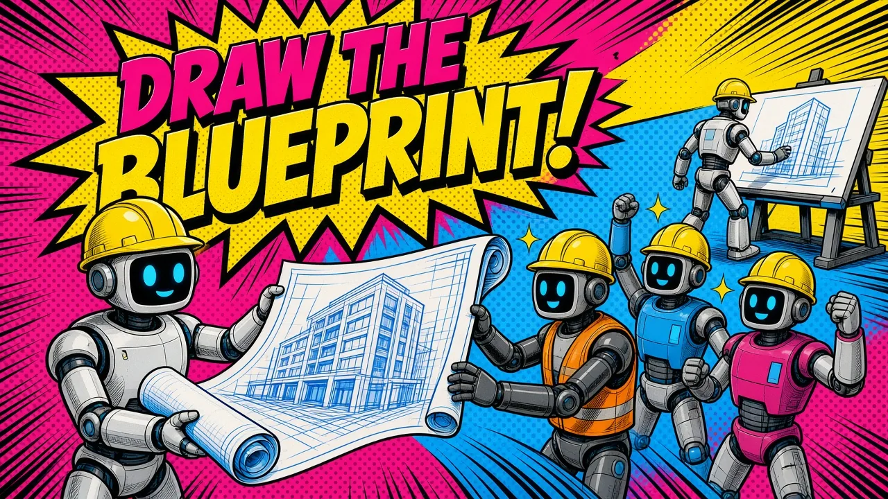 Comic panel of an architect robot handing a blueprint to builder robots and walking to the next drawing board
