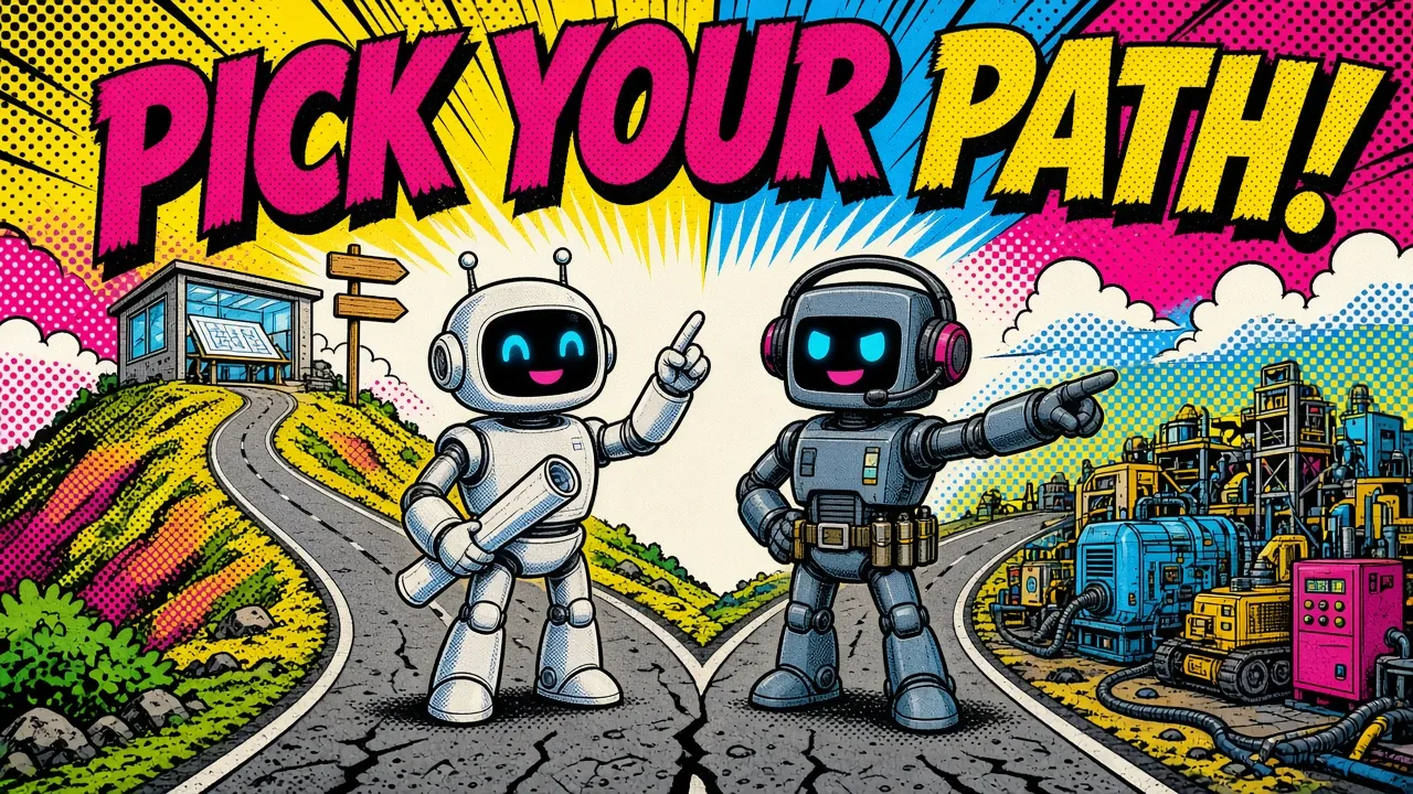 Comic panel of two robots at a fork in the road, one pointing to an office, one to a busy customer site