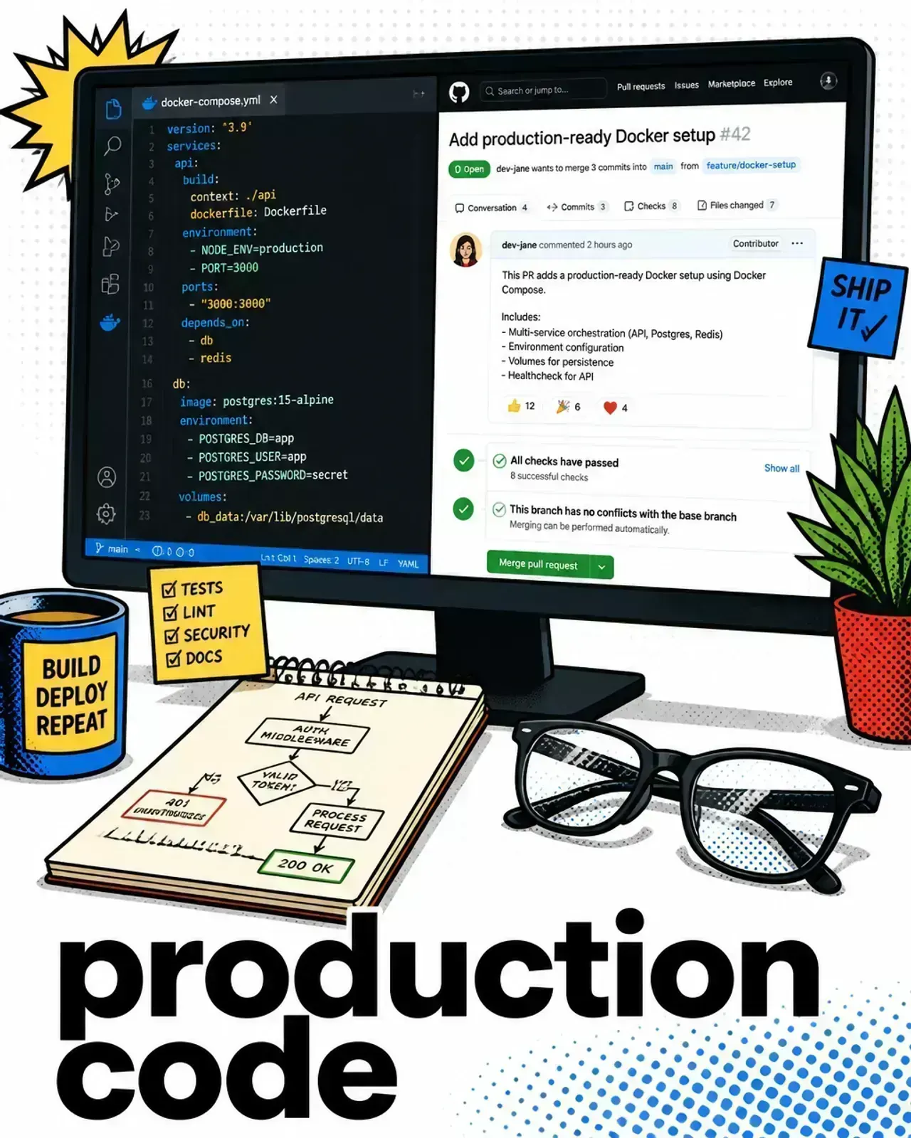 Production code implementation on a developer's screen