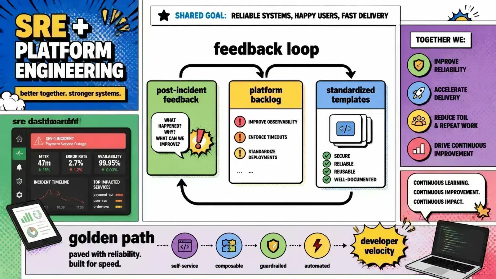 SRE and Platform Engineering feedback loop turning incidents into golden-path defaults