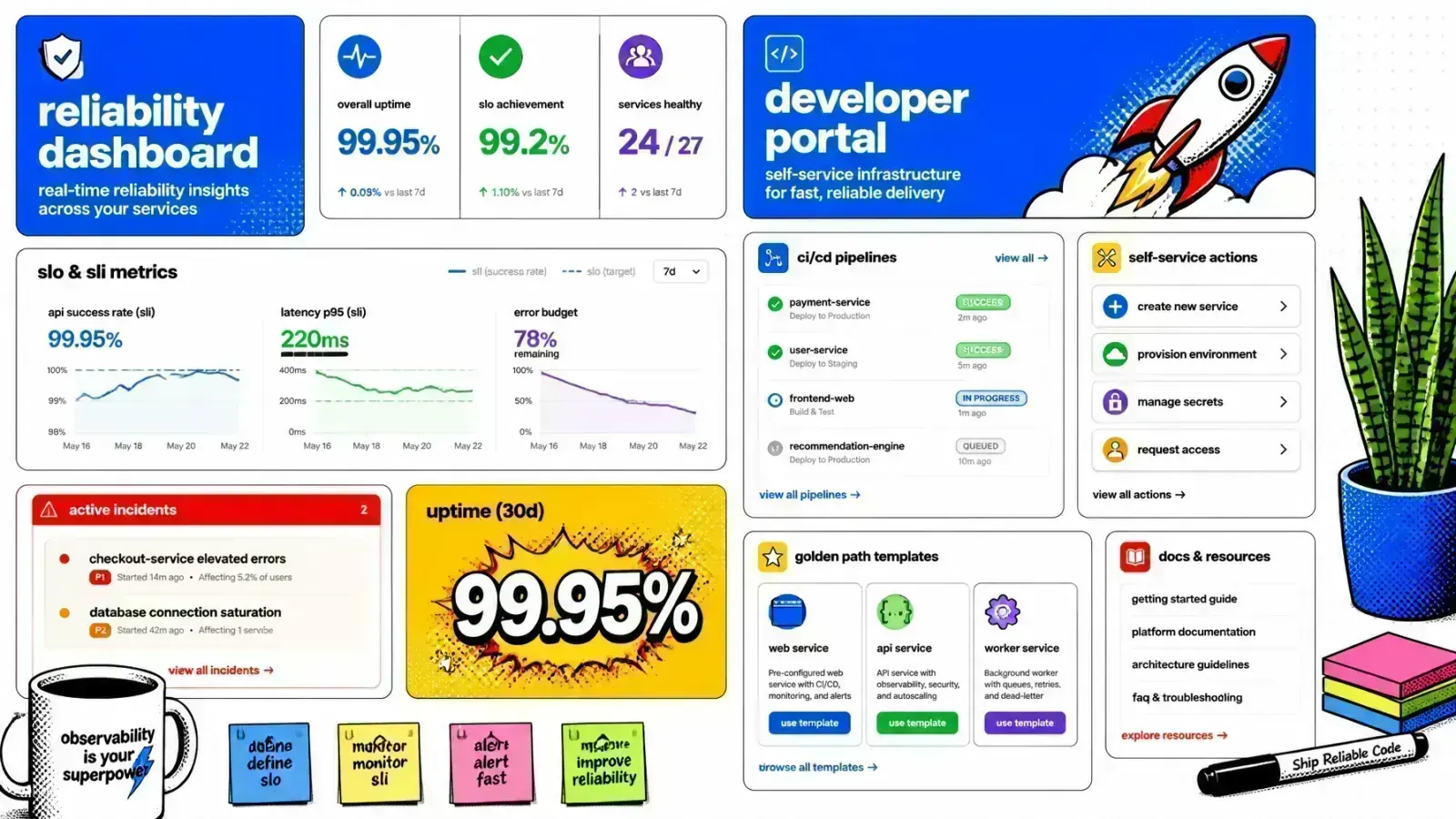 Pop-art comic-style dashboard contrasting SRE reliability and platform engineering