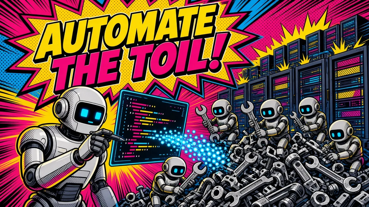 Comic panel of a robot coding small helper robots that take over a pile of wrench chores