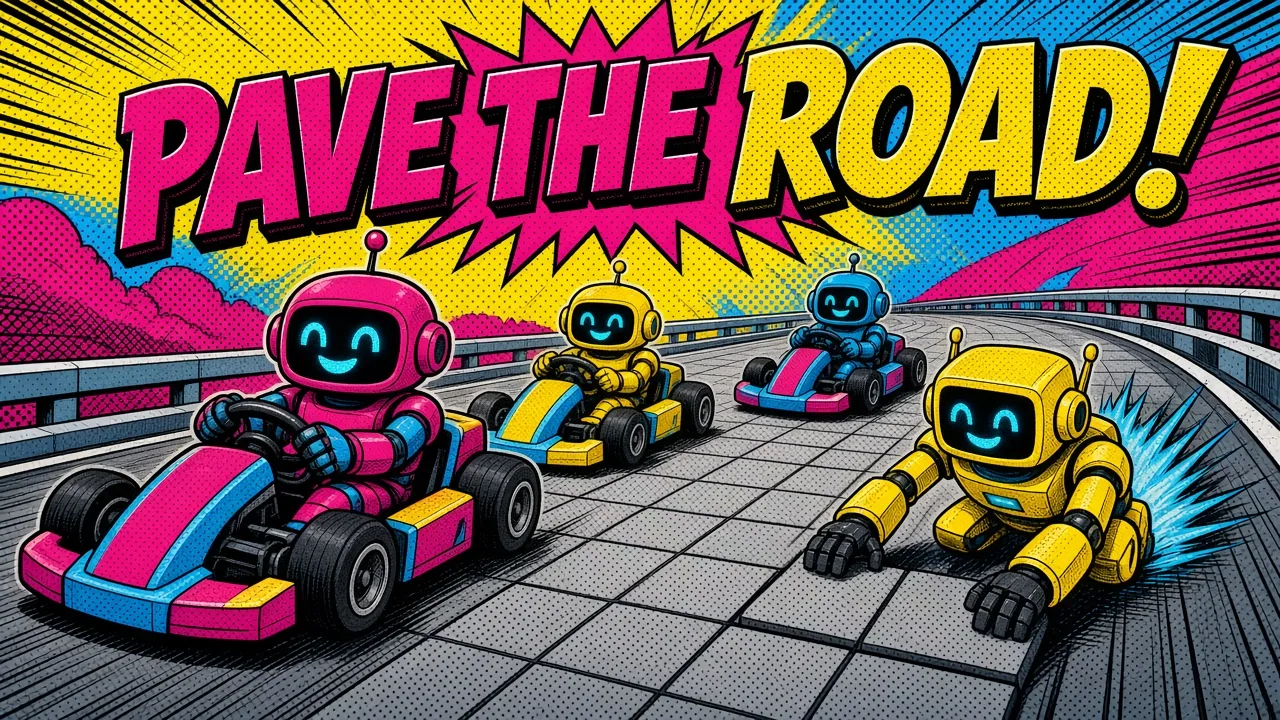 Comic panel of robots driving go-karts on a smooth road that a platform robot is paving ahead of them