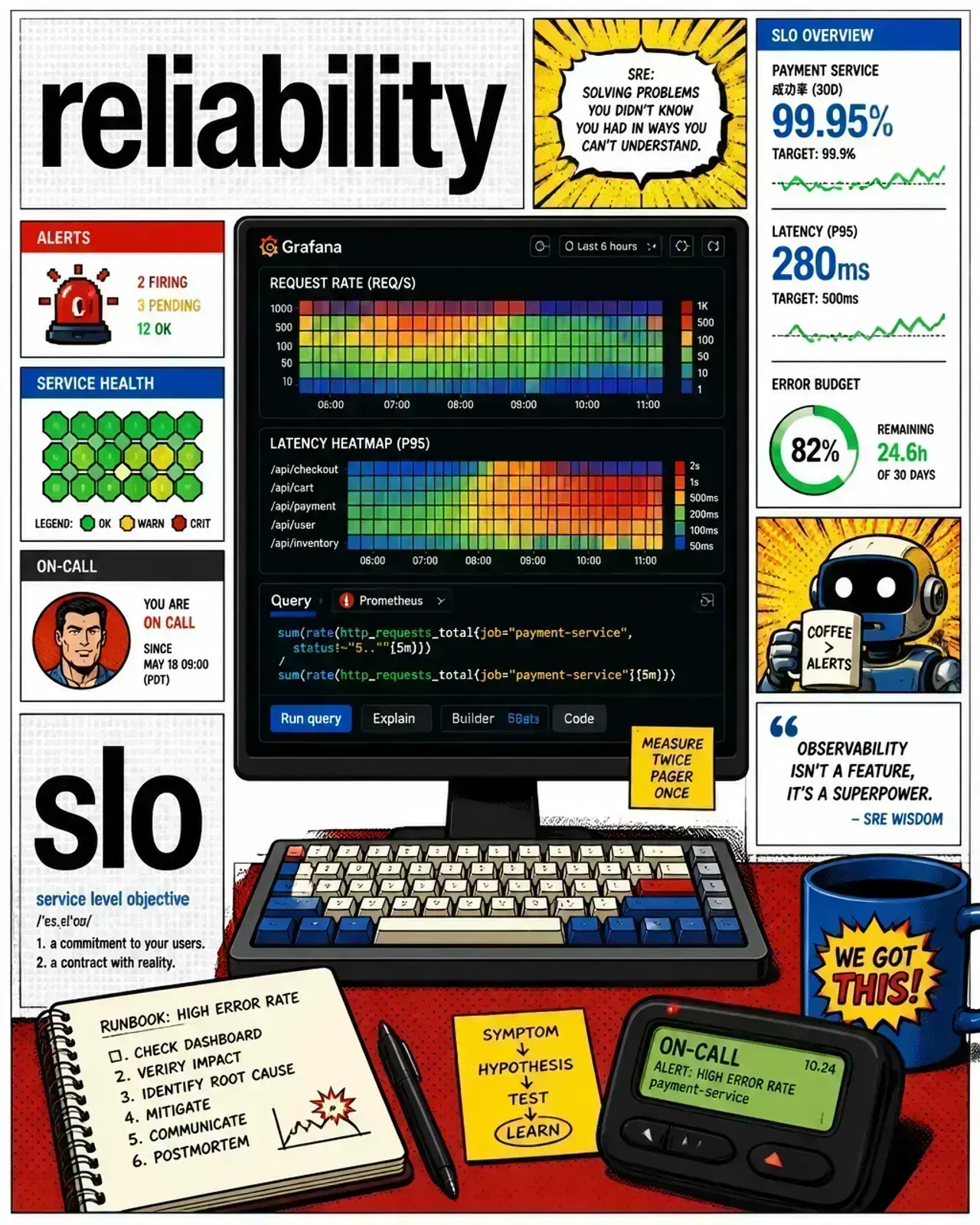 SRE reliability and SLO dashboard tracking error budgets and latency