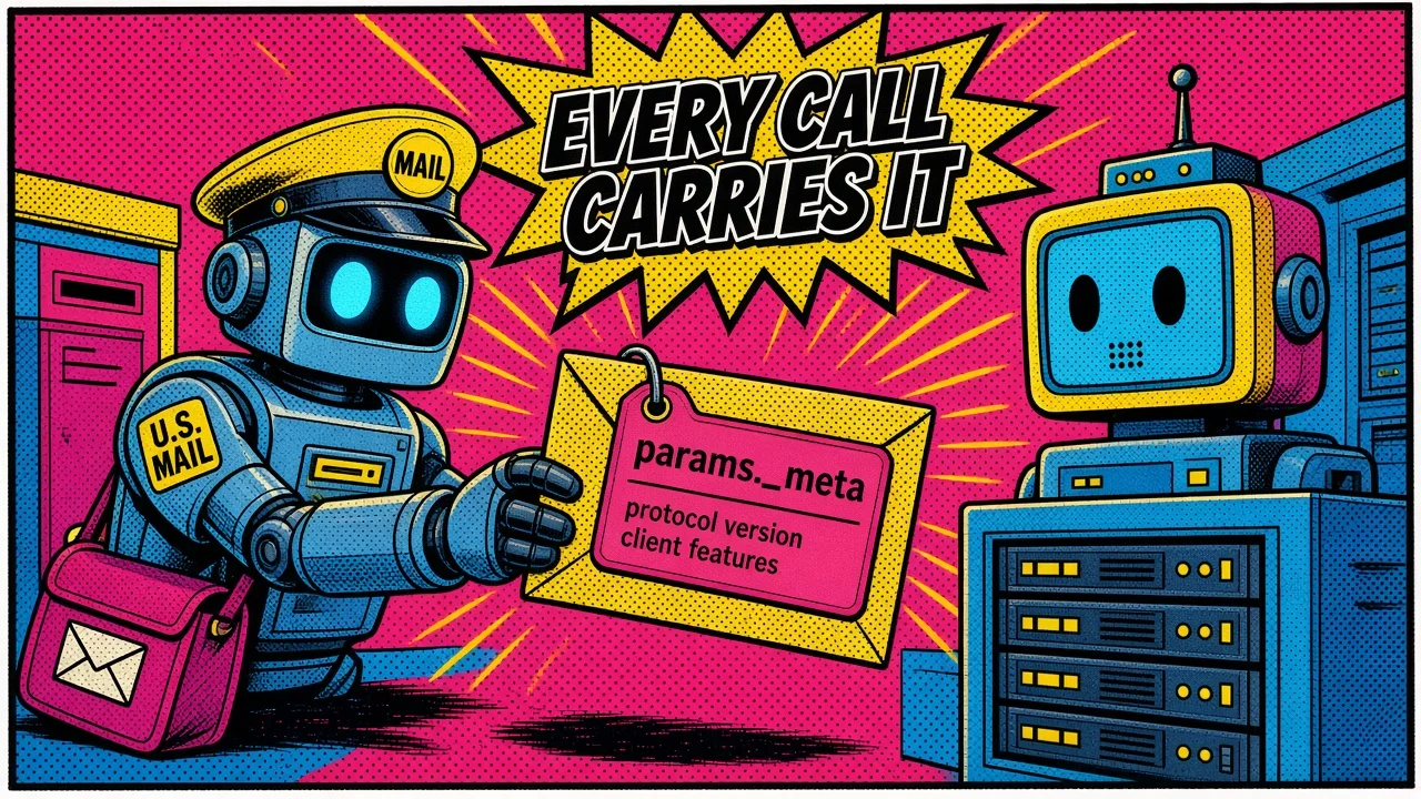 Comic pop-art panel: params._meta carries protocol version and client features on each call