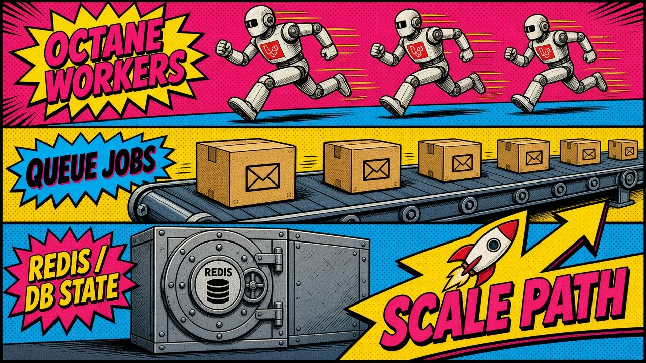 Comic pop-art panel: Octane workers, queue jobs, and Redis and database state as the scale path