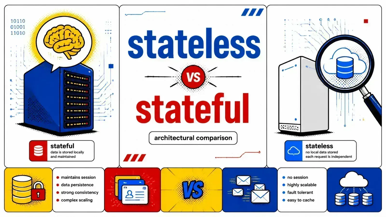 Pop-art comic-style comparison of stateless and stateful architecture