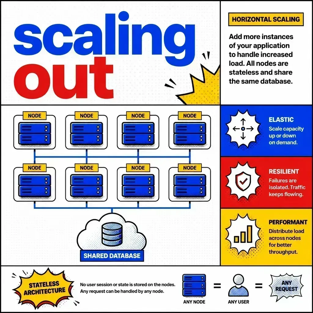 Horizontal scaling diagram showing multiple server nodes connected to one cloud database