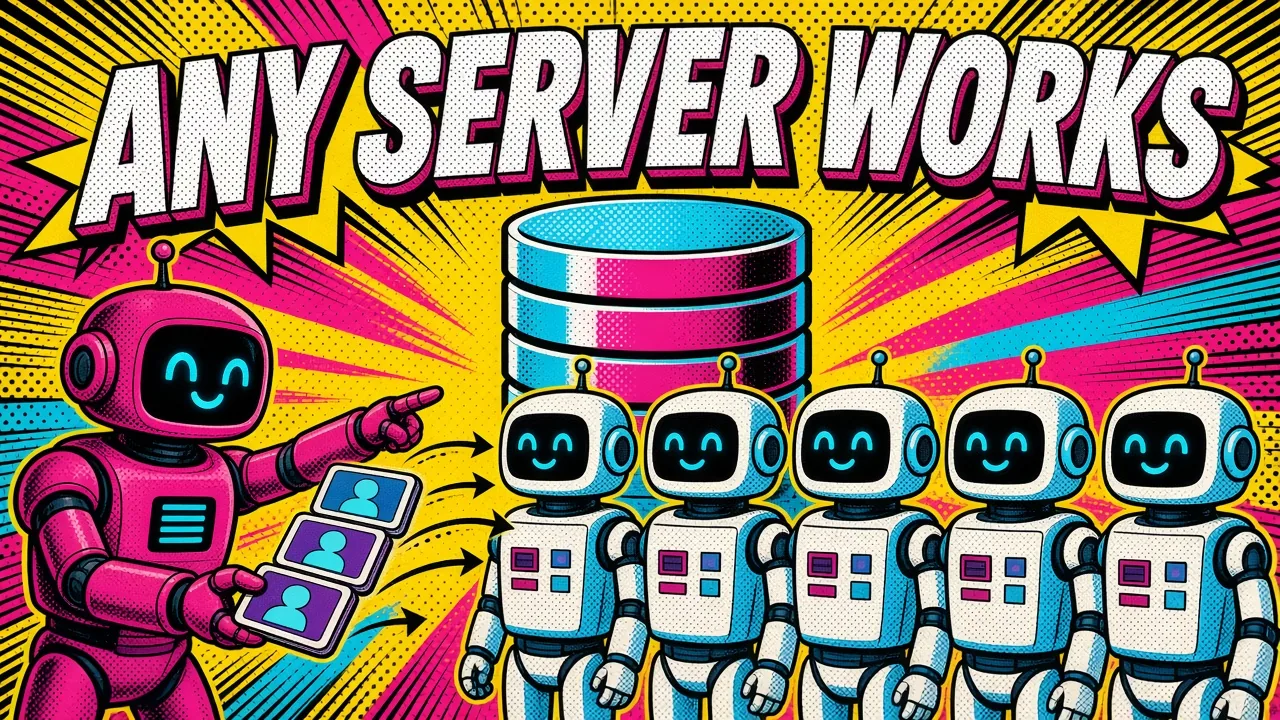Comic panel of a robot showing a token to any of several identical server robots, each reading shared state from one Redis cache