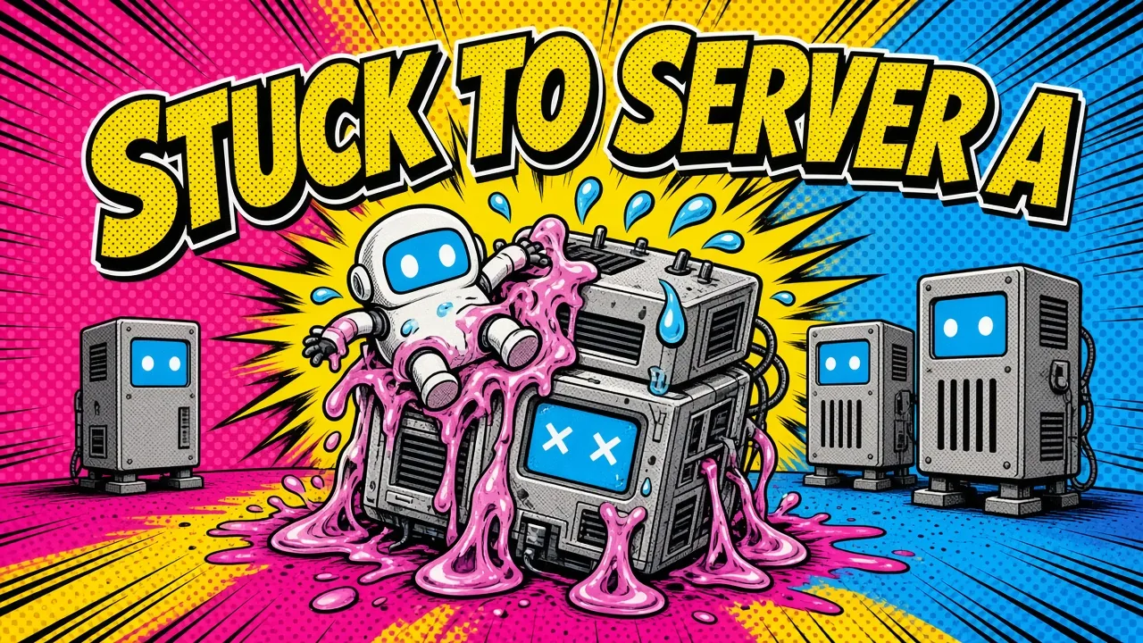 Comic panel of a robot glued to server robot A by a sticky session while server robot B shrugs because it has no record of it