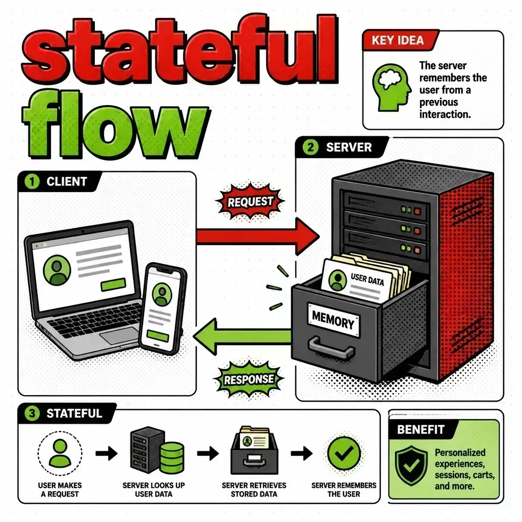 Stateful flow diagram showing a server pulling data from local memory