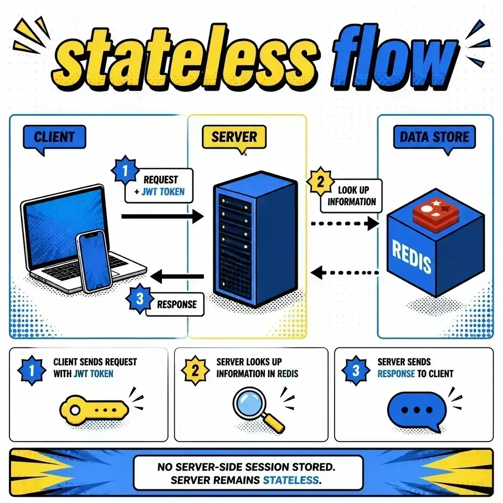 Stateless flow diagram showing a client and a server using a Redis cache for state