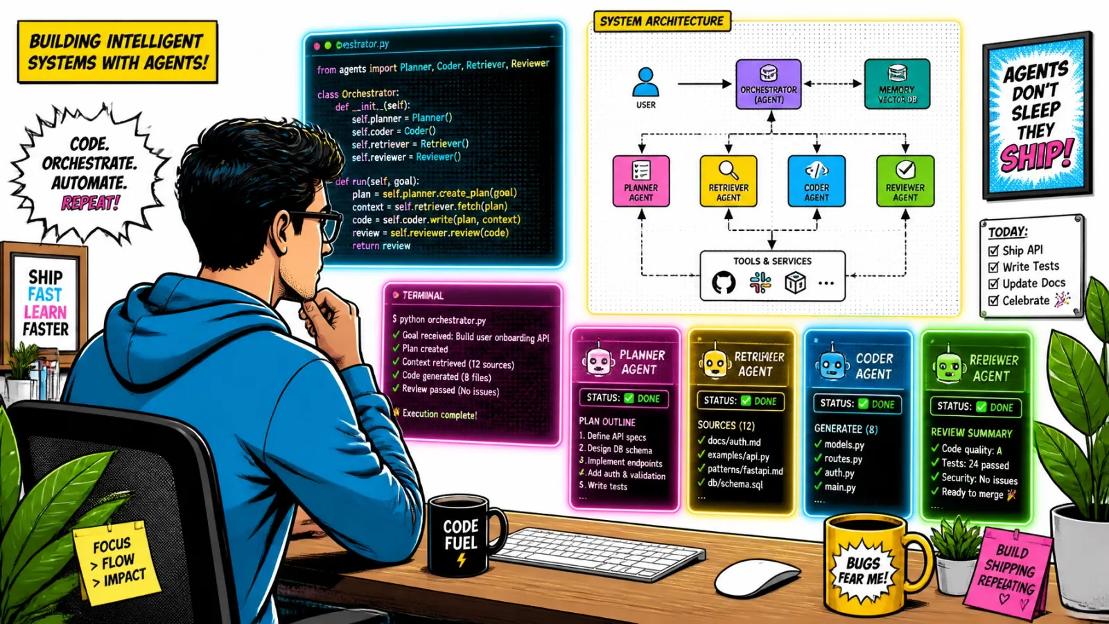Pop-art comic of a developer examining holographic code blocks and agent terminals