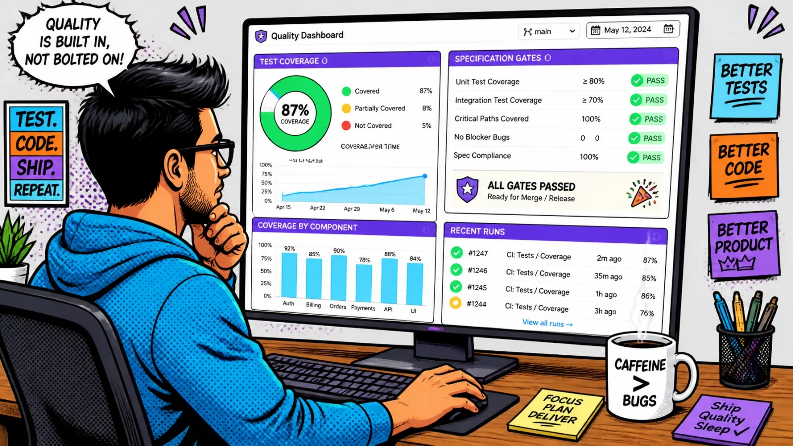 Software engineer reviewing test coverage dashboards and specification gates