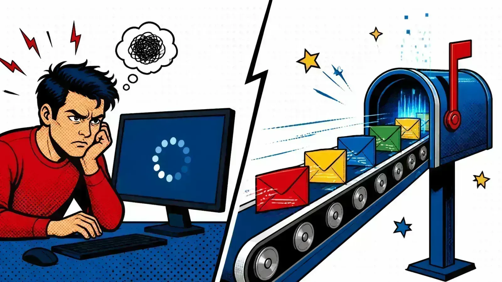 Pop-art comic-style scene contrasting blocking and non-blocking request flows