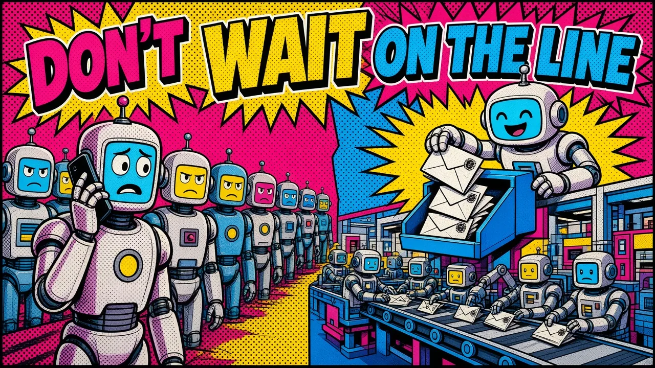 Comic panel of a robot stuck on the phone with a long queue behind it, next to a robot dropping envelopes into a busy conveyor