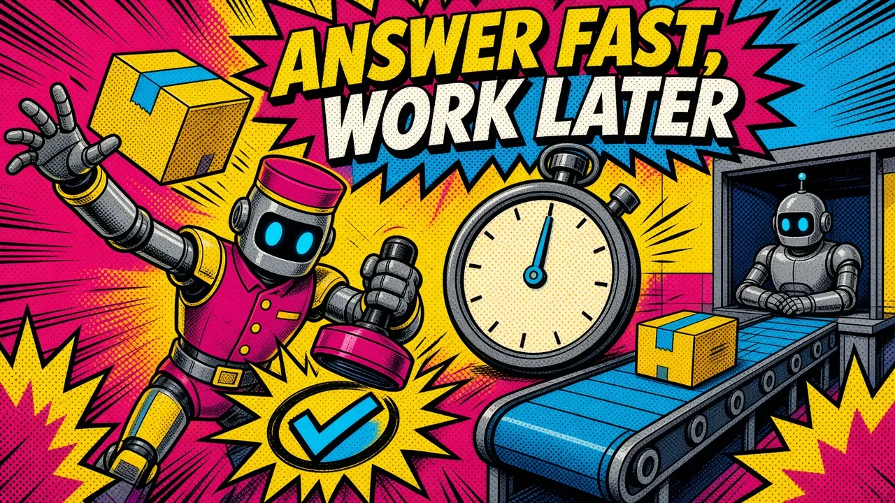Comic panel of a doorman robot stamping a parcel instantly next to a stopwatch and passing it to a back-room worker
