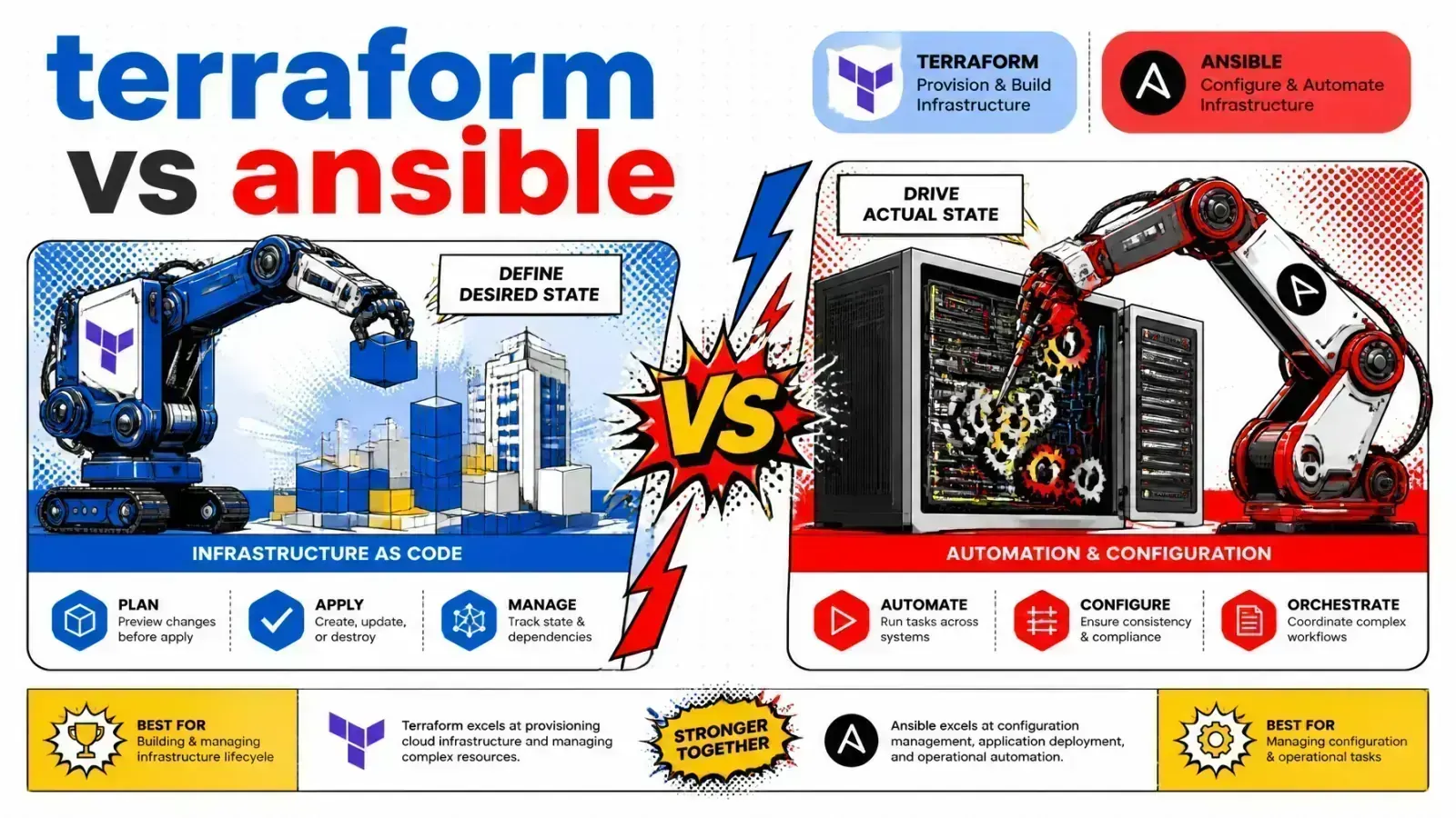 Pop-art comic-style showdown between Terraform and Ansible logos
