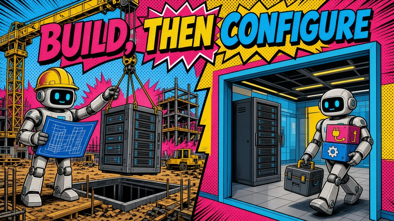 Comic panel of a builder robot craning a server rack into place while another robot carries software boxes into the finished room