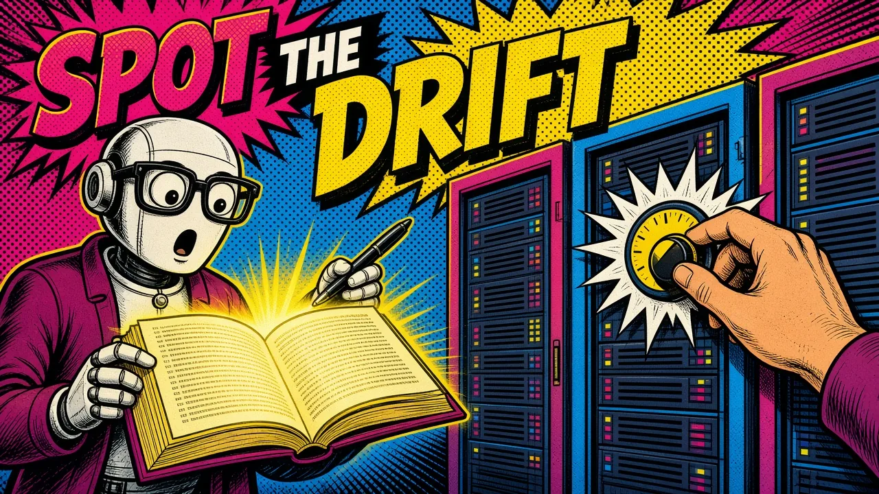 Comic panel of a librarian robot with a glowing ledger spotting a server dial changed by hand