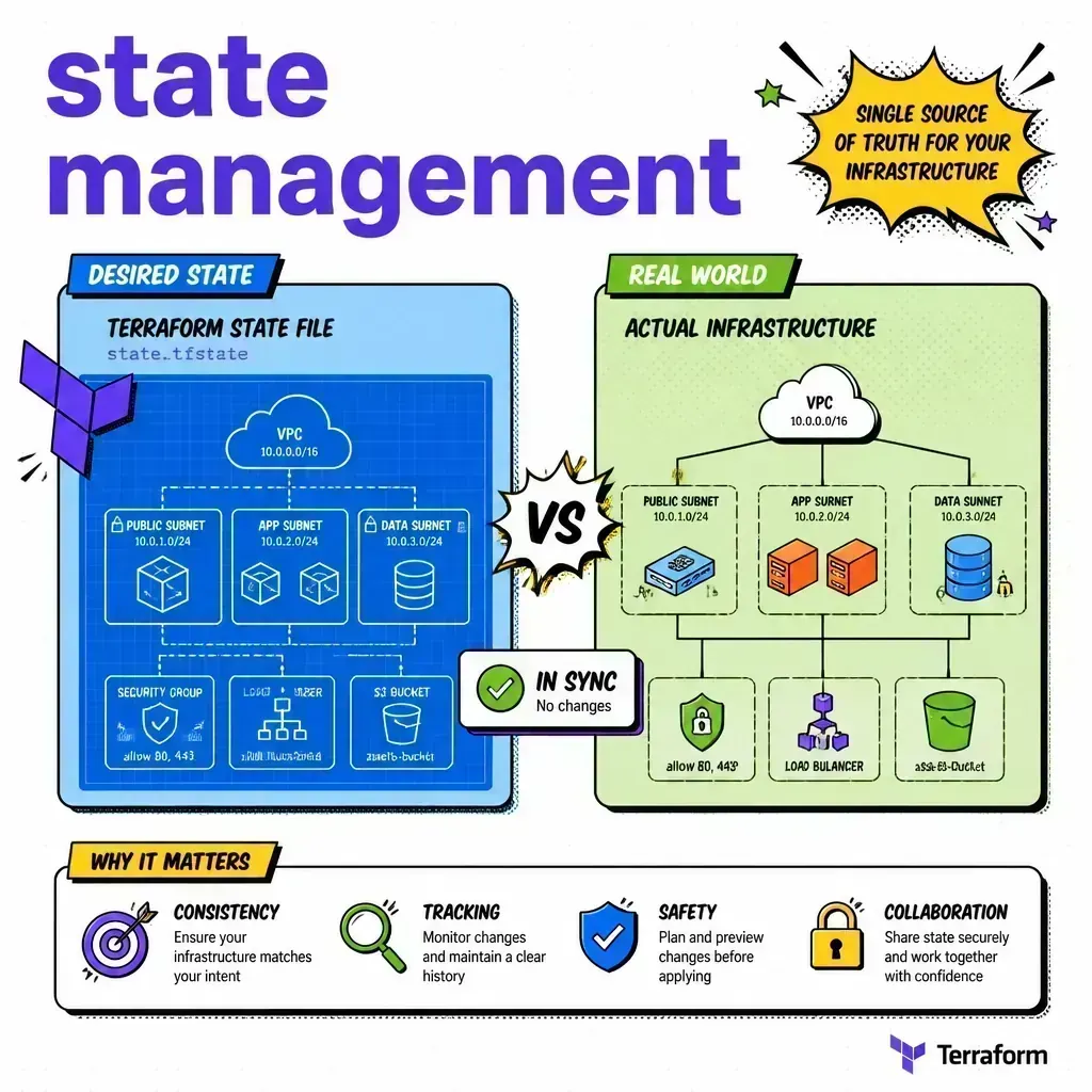 Terraform state management illustration in pop-art style