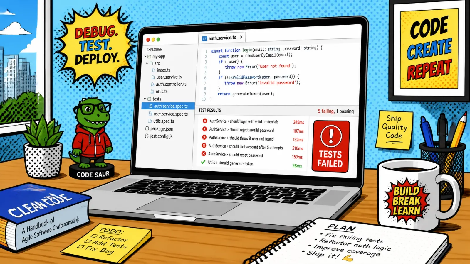 Pop-art comic illustration of a developer desk covered in failing test badges