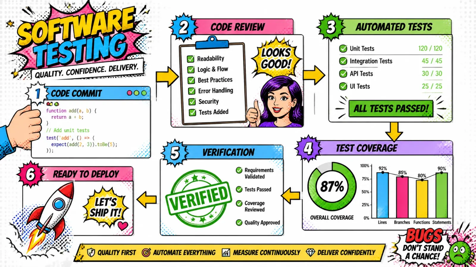 Software testing workflow illustration with review checklists and coverage graphs