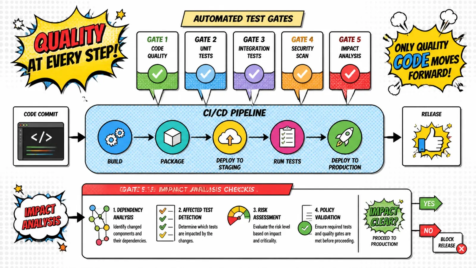 Architecture diagram of a CI pipeline with static analysis, diff coverage, and mutation testing gates