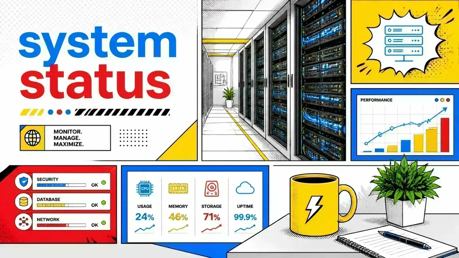 Modern high-tech server room in vibrant pop-art comic style with bright yellow and blue accents