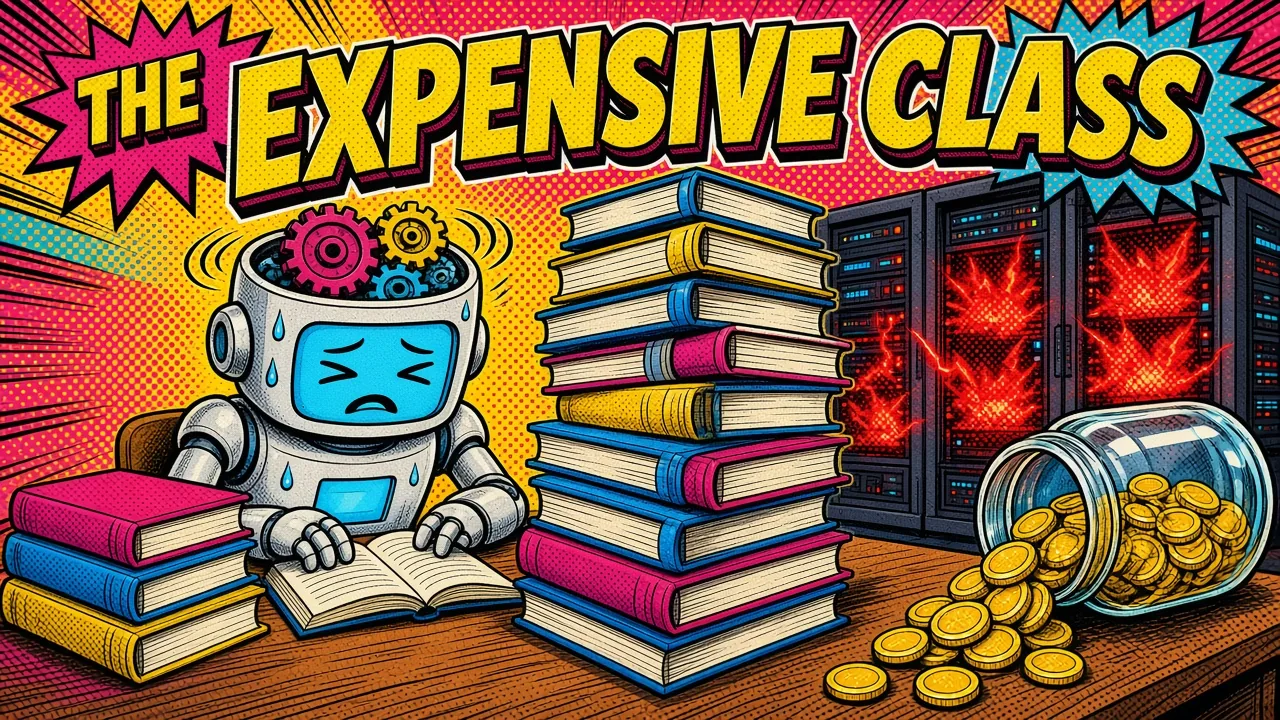 Comic panel of a sweating student robot buried in books next to red-hot servers and a jar spilling coins
