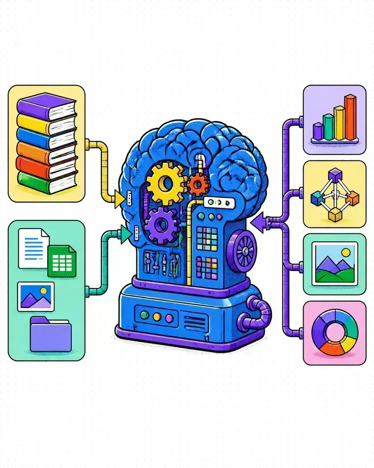 Data processing flow showing books and files entering a brain-shaped machine in pop-art style