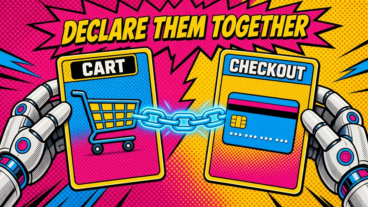 Comic pop-art panel: capability cards for cart and checkout that must be declared together