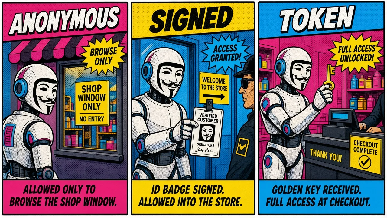 Comic pop-art panel: three trust tier panels labeled Anonymous, Signed and Token